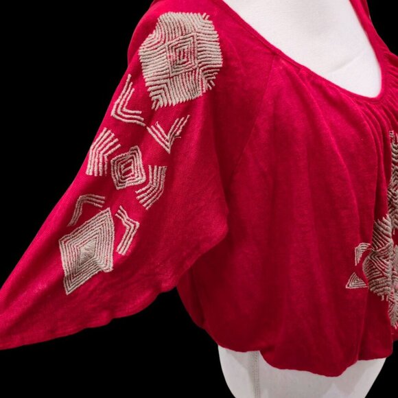 Free People Boho Embroidered Top S โ Open Back Flutter Sleeve Red Festival EUC - Picture 8 of 12